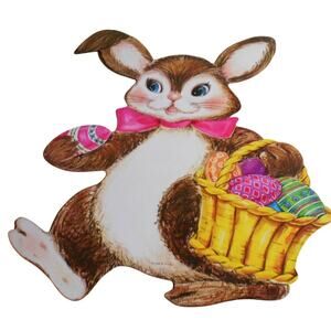 Vintage  Easter Die-Cut Easter Bunny Rabbit w/Basket Pink Bow 14.5" x 11.5"